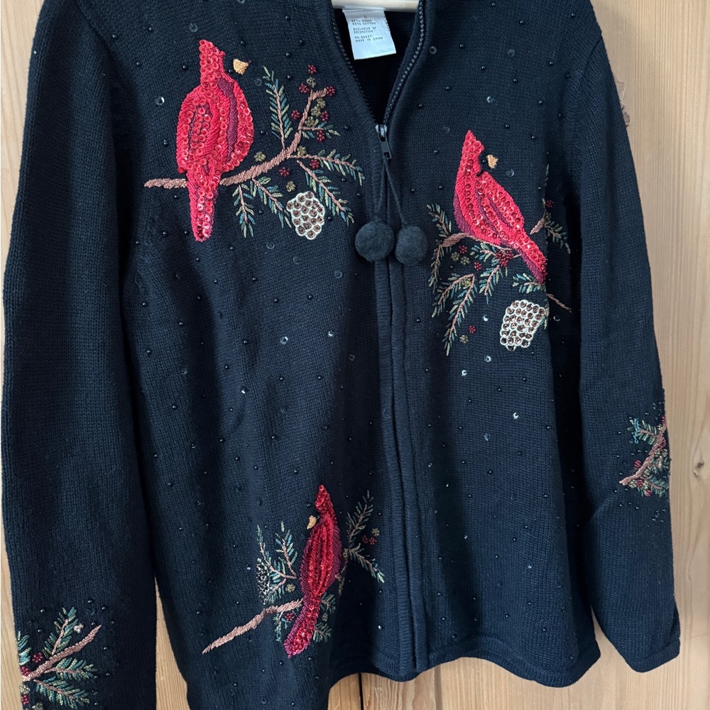 Quacker Factory Black Cardigan with Red sequined cardinals. Absolutely stunning!
